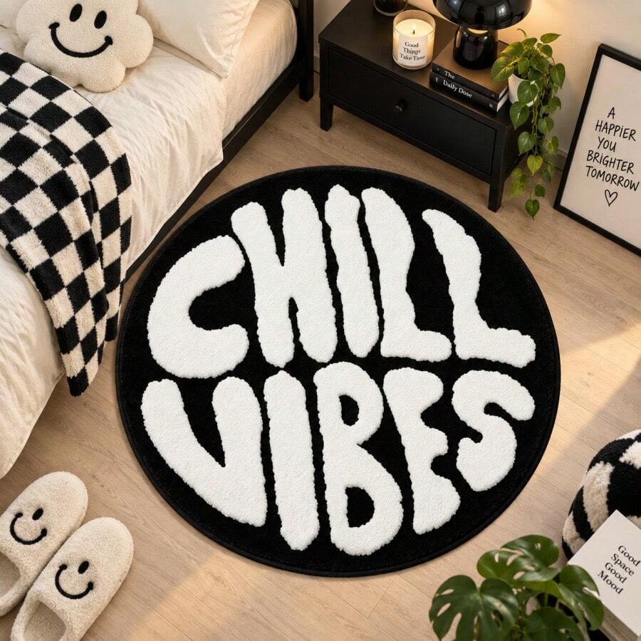 1pc Letter Print Carpet, "Chill Vibes" Faux Cashmere Rug, Soft Comfortable Absorbent Bathroom Mat, Bathroom Accessories New Arrival, Living Room Large Carpet, Room Decor, Autumn Decoration, Bedroom Decor, Suitable For Bathroom, Kitchen, Entryway, Hallway, Bedside, Living Room, Bedroom. Holiday Decoration, Non-Slip Backing Carpet Machine Washable - A - View 1
