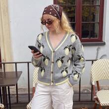Women's Grey Knitted Cardigan, Front Button Design, Lemon Print, Long Sleeve Regular Fit Sweater, Suitable For Autumn Wear - Grey - View 2