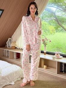 Sweet Style Rose & Bow Print Pajama Set, Ruffle Hem Lantern Sleeve Top + Long Pants, Women's Autumn/Winter Home Sleepwear - Pink - View 3