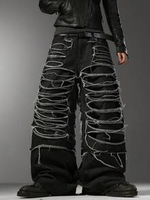 Men's Korean Street‑Style Jeans, Multi‑Ripped Design, Loose Non‑Stretch Wide‑Leg Casual All‑Season Pants (Belt & Accessories Not Included) - Black - View 4
