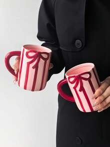 1pc Red Striped Ceramic Mug, Modern Minimalist Ins Style Creative Vertical Stripe & Bow Design Large Capacity Breakfast Coffee Cup, Home Breakfast Milk Cup, Suitable For Christmas, Saudi National Day, Gift For Classmates/Friends - Multicolor - View 3