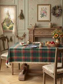1 pieza Mantel de mesa con borlas para Navidad, mantel rectangular de cuadros vintage americano para mesa de comedor, mantel de mesa de café con ambiente fotogénico, lavable, adecuado para cocina, comedor, sala de estar, fiesta de vacaciones, casa de huéspedes - Verde - Ver 1