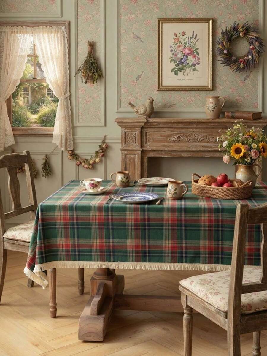 1 pieza Mantel de mesa con borlas para Navidad, mantel rectangular de cuadros vintage americano para mesa de comedor, mantel de mesa de café con ambiente fotogénico, lavable, adecuado para cocina, comedor, sala de estar, fiesta de vacaciones, casa de huéspedes - Verde - Ver 1