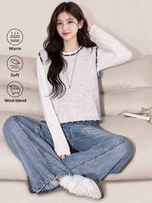 Sweater Rajut Wanita Musim Gugur/Dingin, Bahan Campuran Wol, Desain Minimalis Kasual dengan Trim Kontras, Leher Bulat, Model Pullover, Rompi Rajut Musim Gugur - Light Grey - View 1