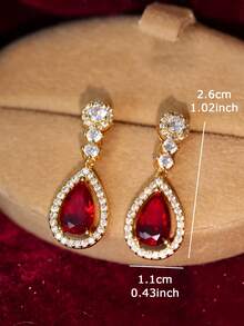 1 Pair Elegant Luxury Cubic Zirconia Teardrop Earrings Suitable For Women's Wedding Party Banquet - Golden Yellow + Red - View 3