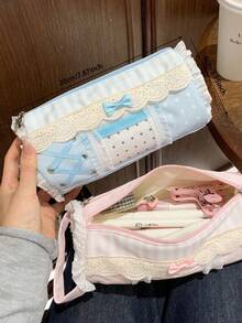 Cute Y2K Lace Pencil Case, Sweet Ruffle Bow Decor Stationery Bag, Large Capacity Pen Storage Bag, Portable Handheld Makeup Bag, Travel Brush Organizer - Multicolor - View 2
