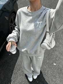 2pcs/Set Teen GirlLoose Fashionable Casual Bow Print Comfortable Versatile Outfit - Light Grey - View 1