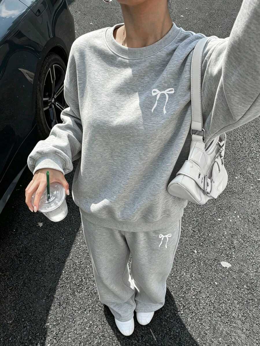 2pcs/Set Teen GirlLoose Fashionable Casual Bow Print Comfortable Versatile Outfit - Light Grey - View 1