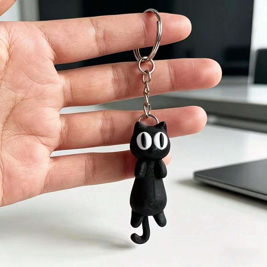 3D Printed Cute Big Eye Cat Keychain, 1pc Durable PLA Plastic, Fantasy Theme Design, Movable Backpack Pendant, Small Decorative Item, Suitable For Desk, Phone, Car, Etc., Can Be Used As Keychain Pendant, Suitable For Various Holidays