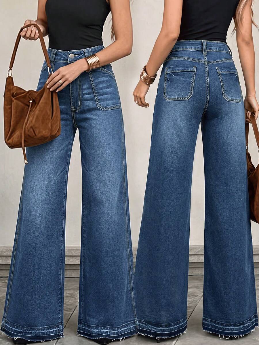 Women's Wide Leg Denim Jeans, Fashionable Rhombus Pattern With Large Front And Back Pockets, Versatile Pants - Dark Wash - View 1