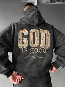 Áo hoodie nam in hoa và chữ, dáng rộng, kiểu chui đầu, vải wash - màu đen - Xem 2
