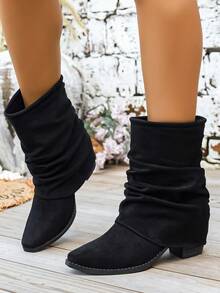 1 Pair Women's Autumn/Winter Ruched Mid-Calf Boots, Vintage Chunky Heel Fashion Boots - Black - View 3
