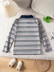 Boys' Gray And Red Striped Casual Fashion Long Sleeve Polo Shirt - Grey - View 4
