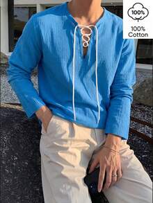 WAIT HIM 100% Cotton Men's Casual Solid Color Long Sleeve Tie-Up Notch Collar Loose Shirt, Spring & Autumn - Blue - View 2