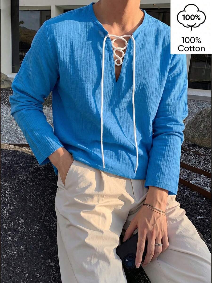WAIT HIM 100% Cotton Men's Casual Solid Color Long Sleeve Tie-Up Notch Collar Loose Shirt, Spring & Autumn