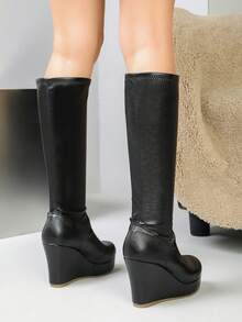 New High-Top Boots Round Toe Thick Sole Wedge Heel Long Boots Minimalist Versatile Riding Boots - Black - View 5