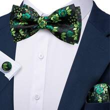 5Pcs Men Green Small Floral Jacquard Bow Tie Pocket Square Cufflinks Ring Boutonniere Set, Cufflinks Pattern Random For Wedding - Green - View 4
