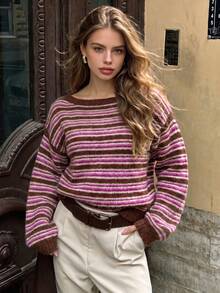 Women's Brown Pink White Colorblock Striped Knit Sweater, Vintage Round Neck Raglan Long Sleeve Loose Soft Short Pullover Top, Knit Sweater For Women - Brown - View 10