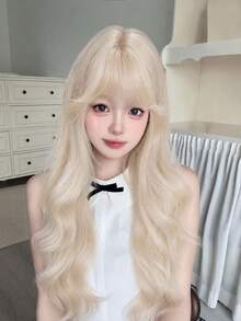 alicegarden 28-Inch Long Synthetic Wig Featuring A Natural Wavy Style In A A Stunning Gold. Designed With Bangs , This False Hairpiece Is Perfect For Ms Daily Party Cosplay Use, Offering A Natural And Natural Durable Wig Gift For Ladies. - Gold - View 1