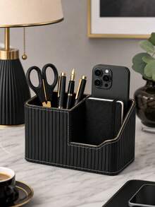 Luxury Gold-Trimmed Leather-Texture Multi-Compartment Desktop Organizer Box, Large Capacity Sorting Storage For Office Supplies / Skincare / Keys & Miscellaneous Items - View 9