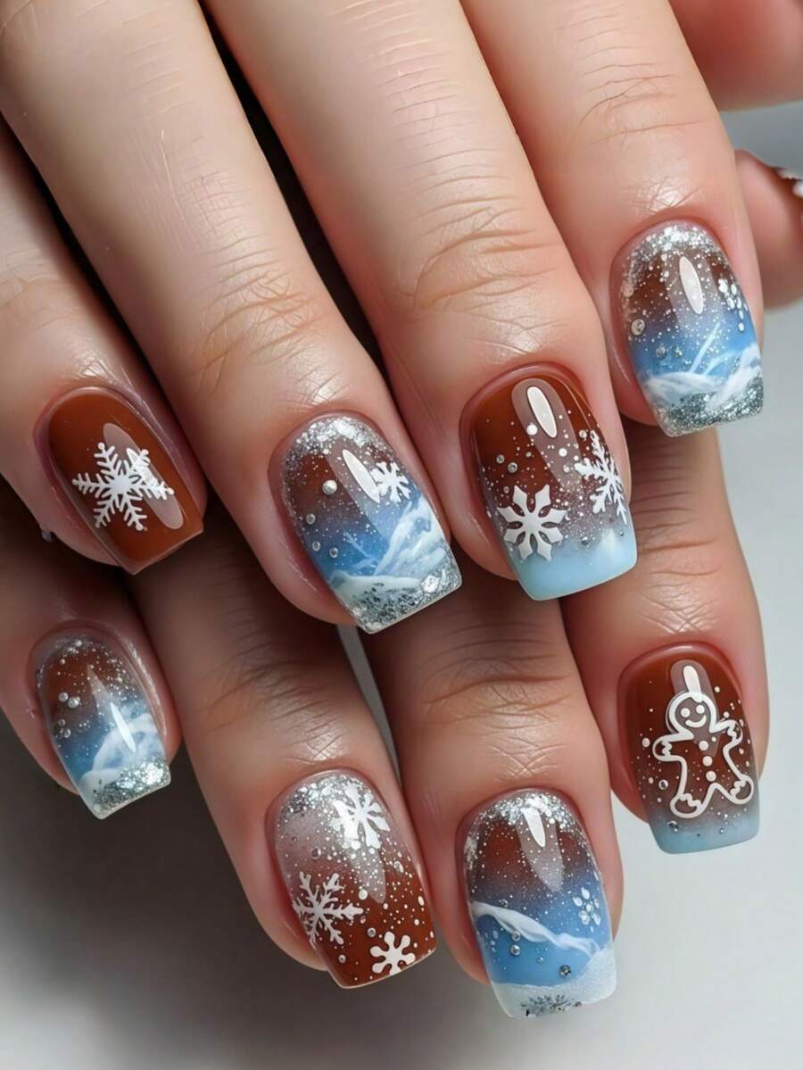 24 Pieces Transparent Blue Gradient Snowflake Gingerbread Man Glitter Powder Christmas Winter Fake Nails, Short Square Style Nail Covers - Brown - View 1