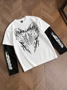 Krometka Men's Dark Thorn Print 2 In 1 Long Sleeve T-Shirt, American Street Style Retro Patchwork Contrast Color Crew Neck Top - White - View 7