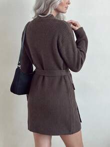 Women's Vintage Brown Knitted Sweater Dress, Long Sleeve, Button Front, Belt Design, Short Length, Winter Fashion Item - Coffee Brown - View 2