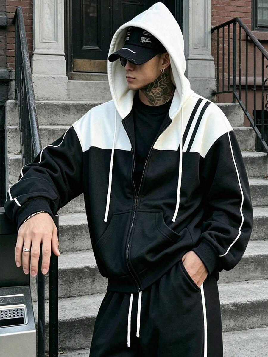 Men's Spring/Autumn Outdoor Striped Zip-Up Hooded Sweatshirt Jacket ...