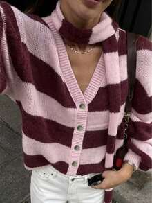 Plus Size Pink Purple Wide Stripe Button V-Neck Knit Cardigan Lantern Long Sleeve With Scarf Loose Fit Sweater - Pink - View 2