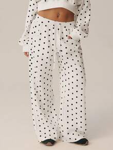 Women's Polka Dot Wide Leg Sweatpants, Elastic Drawstring Waist, Side Pockets, Casual Jogging Pants Bottoms - Beige - View 5