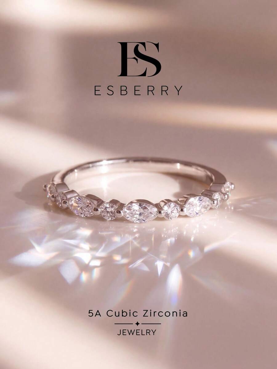 ESBERRY 1pc 1.5mm-2.5mm Marquise & Round Cut Half Eternity Half Circle Diamond Stackable Wedding Ring, Single Prong Setting