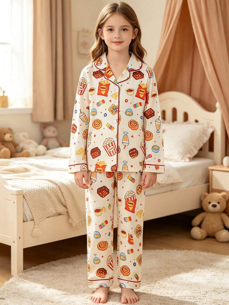 Tween Girl Cute Snack Print Button Front Long Sleeve Pajama Set, 2pcs Lapel Top & Pants Soft Sleepwear For Loungewear Spring Autumn Winter Home Outfit - Multicolor - View 1