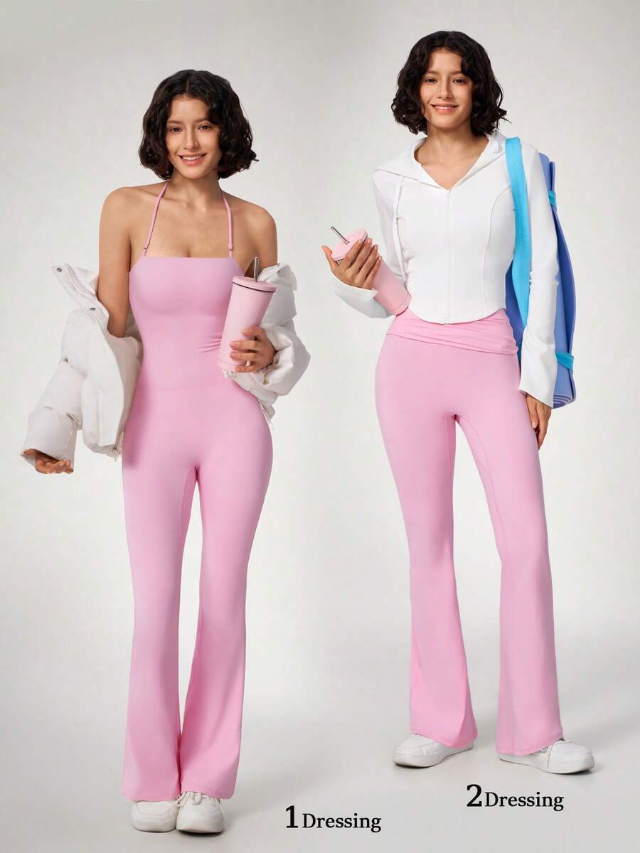 NcmRyu Women's 1pc Halter Neck Backless Waist-Cinched Hip-Lifting Tummy-Control Tight-Fitting Jumpsuit - Pink - View 1