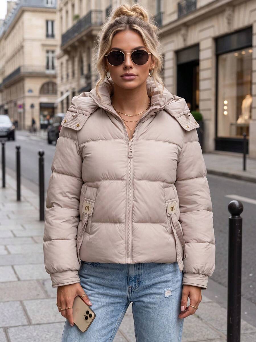 Women's Quilted Puffer Jacket With Detachable Hood, Zip Front And Side Pockets - Beige - View 1