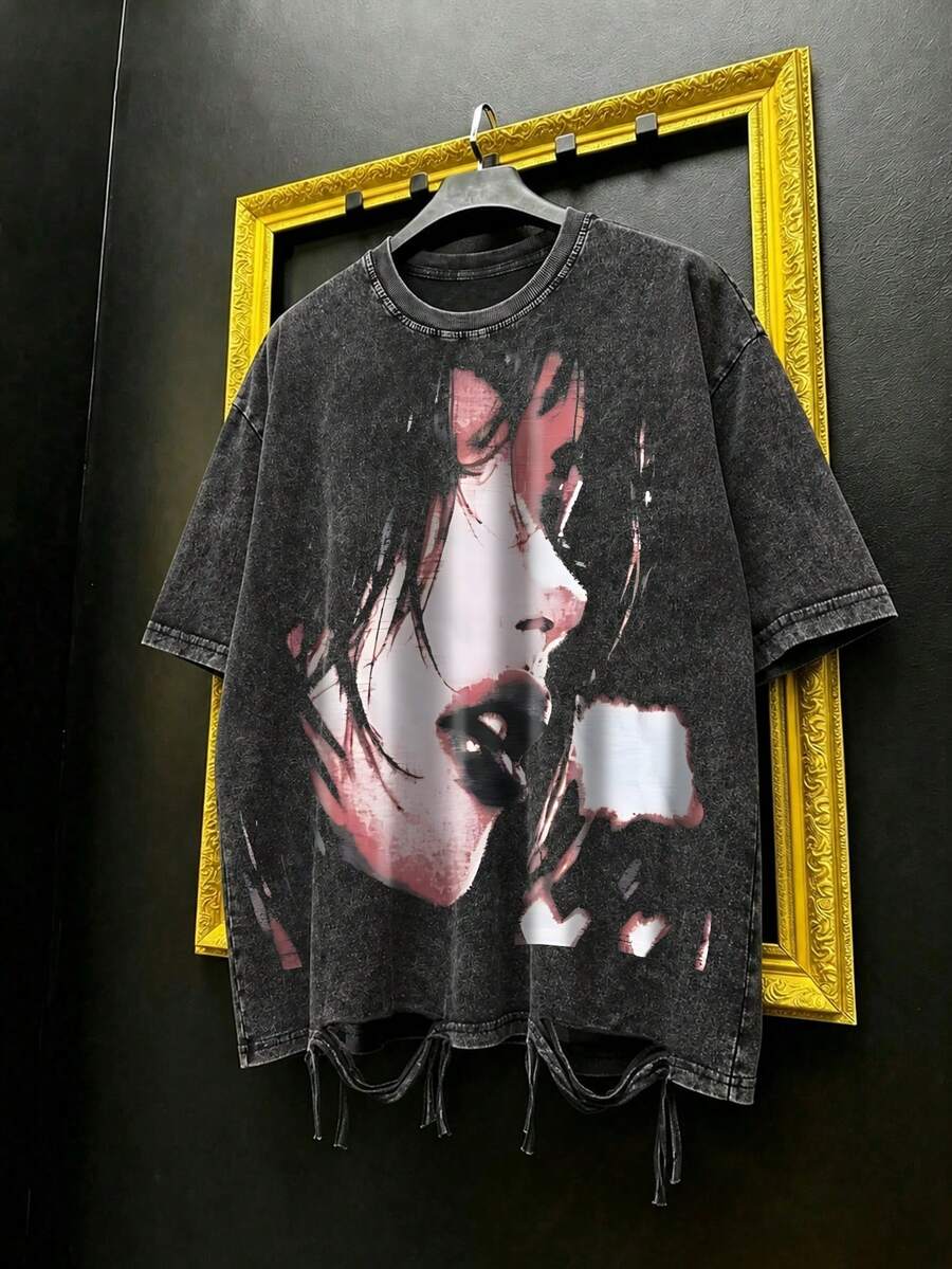 1pc Men's Distressed Washed Anime Girl Portrait Print Loose Fit T-Shirt, Tassel Hem Streetwear Short Sleeve - Black - View 1