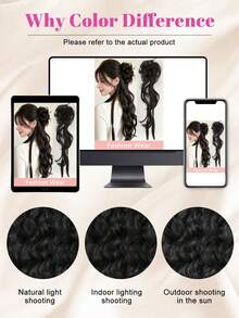 Synthetic 20Inch Messy Bun Wavy Ponytail Hair Extension With Braids, Elastic Hair Tie Chignon Ponytail, Natural Looking Braided Hairpiece Strands For Girls Daily Party - Multicolor - View 10