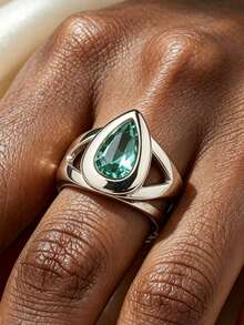 1pc Exquisite Hollow Water Drop Pear-Shaped Paraiba Green Synthetic Zirconia Couple Ring, Geometric Banquet Gift Jewelry For Women - White and Green - View 7