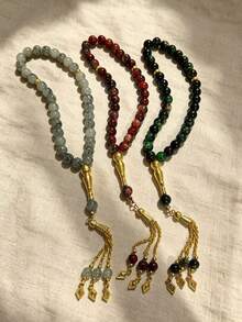 1pc Vintage Middle Eastern Style Tasbih 33 Glass Beads Rhombus Pendant Tassel Prayer Bead Bracelet - One Size - View 1