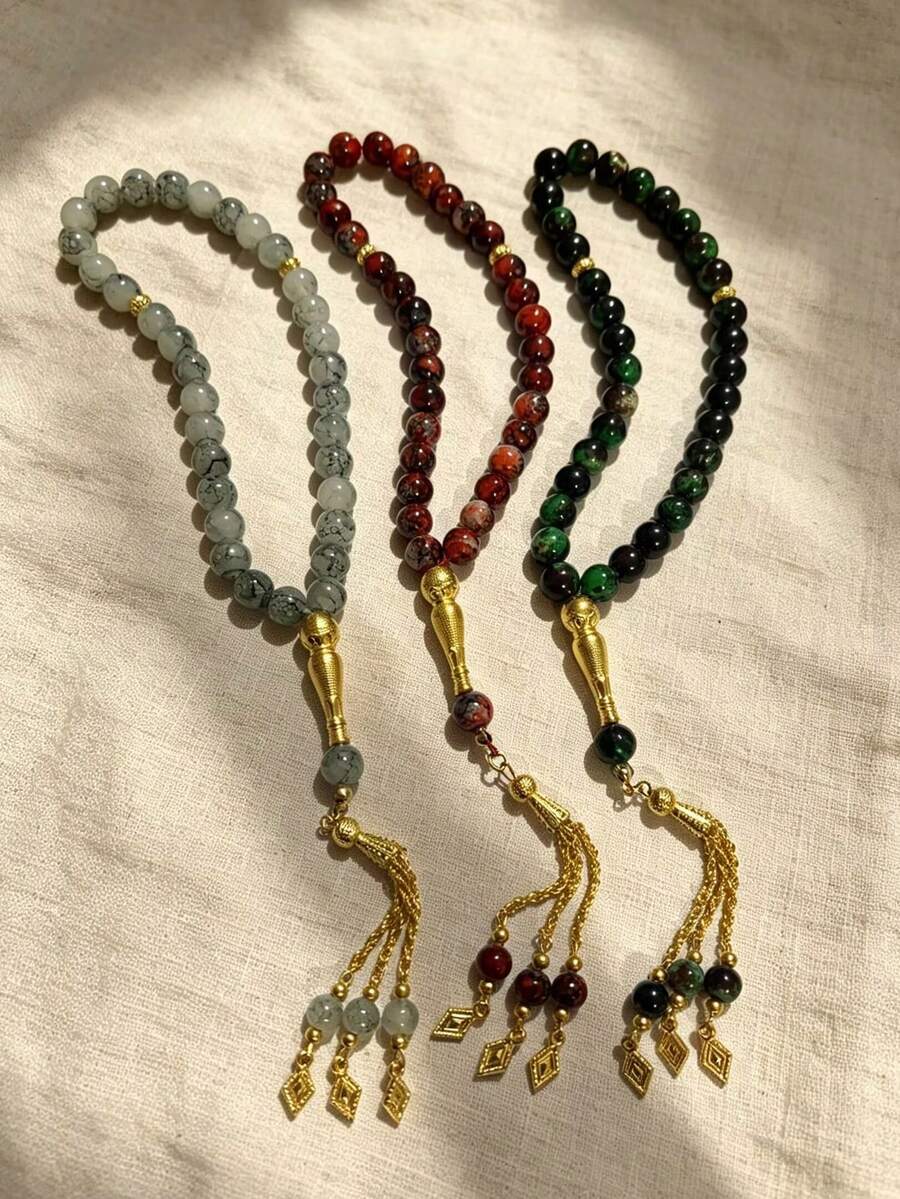 1pc Vintage Middle Eastern Style Tasbih 33 Glass Beads Rhombus Pendant Tassel Prayer Bead Bracelet - One Size - View 1