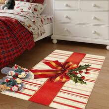 1pc Christmas Series Red & Gold Bow Holly Pattern Printed Faux Cashmere Surface TPR Bottom Door Mat, Bathroom Mat, Kitchen Mat, Laundry Room Mat, Holiday Atmosphere Decor, Home Decor, Party Decor, Wedding Decor, Dining & Kitchen Decor - Multicolor - View 6