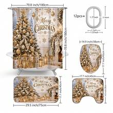 1pc/4pcs Gold Fireplace Christmas Tree Pattern Multi-Functional Bathroom Decor Shower Curtain Set, Free 12 Hooks, Premium Holiday Atmosphere, Bathroom Mat U-Shaped Floor Mat And Round Toilet Lid Cover, Suitable For All Scenes Decoration Bathroom Set - Gold Fireplace Christmas Tree - View 3