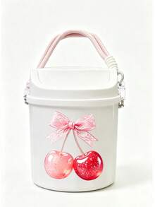 Cute Bow Cherry Print Flip Lid Car Trash Can, Japanese Style Cute Hanging Trash Bin, Multi-Functional Desktop Storage Bucket, Makeup Brush Holder, Portable Car Interior Organizer Box - A - View 14
