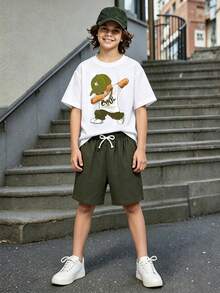 2pcs/Set Tween Boy Cartoon Bear Pattern Print Short Sleeve T-Shirt And Shorts Summer Outfit - Khaki - View 1