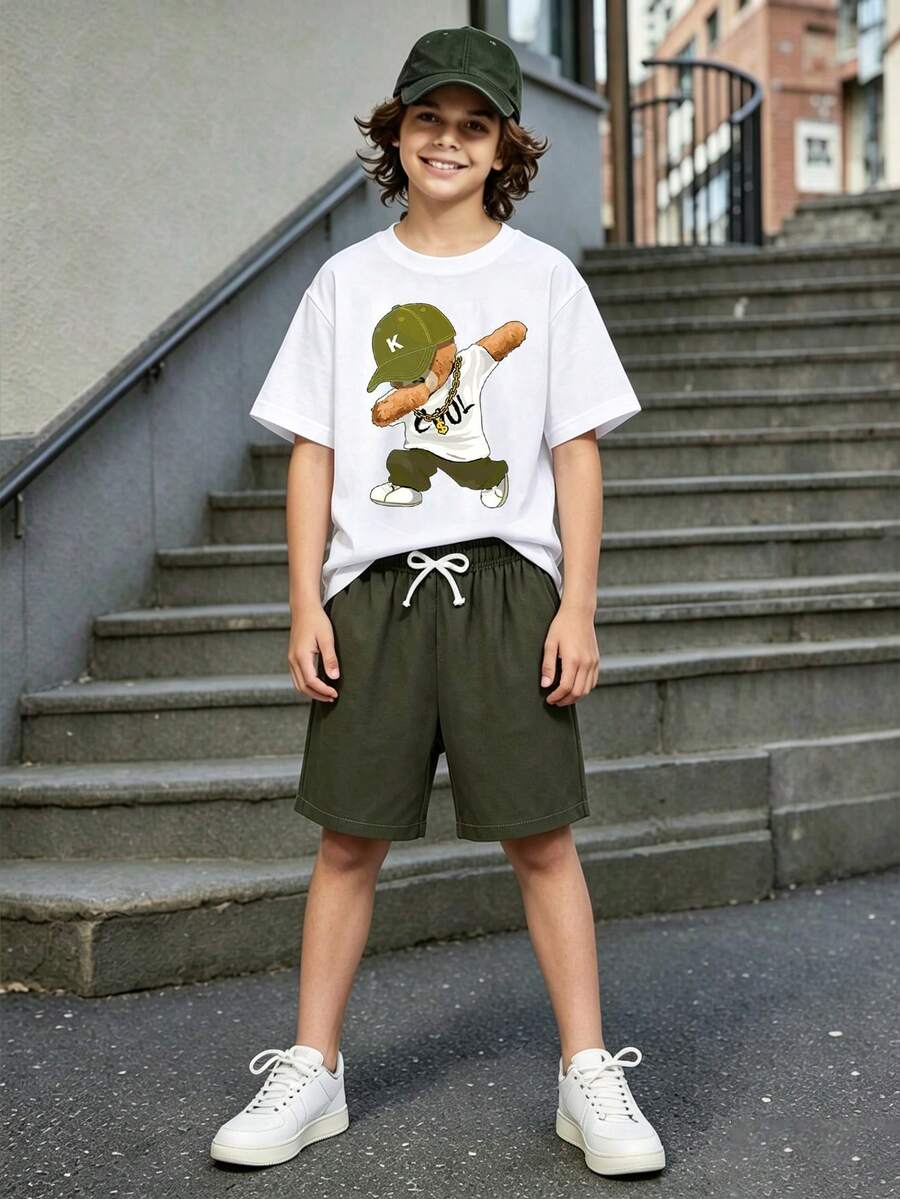 2pcs/Set Tween Boy Cartoon Bear Pattern Print Short Sleeve T-Shirt And Shorts Summer Outfit - Khaki - View 1