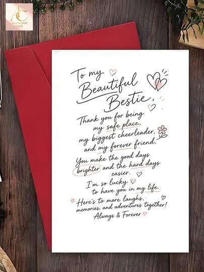 1pc Best Friend Greeting Card, Friendship Appreciation Note For Women, Ideal For Birthday & Thank You Gifts, Friendship Keepsake For Female Besties, Blank Inside "To My Beautiful Bestie" Christmas
