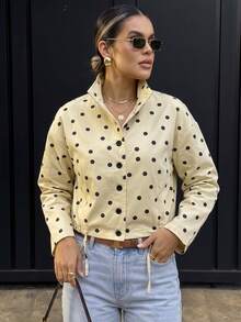 1pc Women's Vintage Small Polka Dot Drop Shoulder Short Utility Jacket With Drawstring Hem, Waist Pockets, Height-Enhancing Thin Outerwear For Spring/Autumn, Suitable For Daily Commute, Light Office, Store Visiting, Afternoon Tea, Best Friend Date - Apricot Yellow - View 6