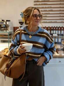 Women's Loose Round Neck Colorblock Striped Long Sleeve Knit Sweater, Vintage Casual Daily Versatile Commuter Top, Suitable For Vacation And Autumn - Blue - View 6
