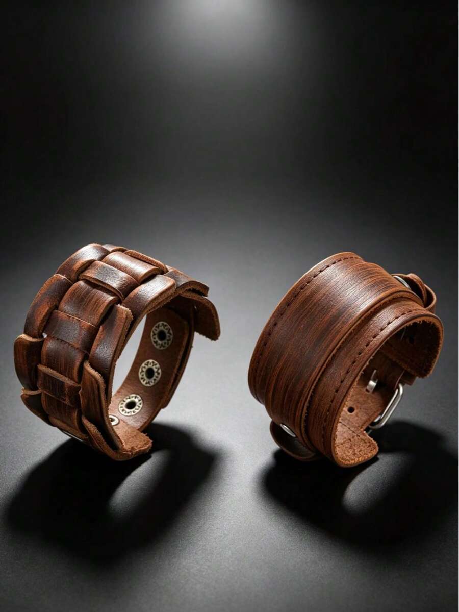 2pcs Vintage Dual Style Woven Fashion Textured Bracelets Suitable For Men's Daily Casual Wear Exquisite Bracelet Gift For Men - Brown - View 1