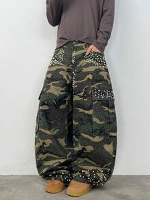 Justice Brother 1 buah Celana Jeans Denim Pria Gaya Jalanan Amerika dengan Desain Personalisasi dan Hiasan Berlian Imitasi, Celana Kargo Multi-Saku, Model Cocoon, Kaki Lebar, Longgar, dan Melengkung (Sabuk/Aksesoris Tidak Termasuk) - MultiWarna - View 7