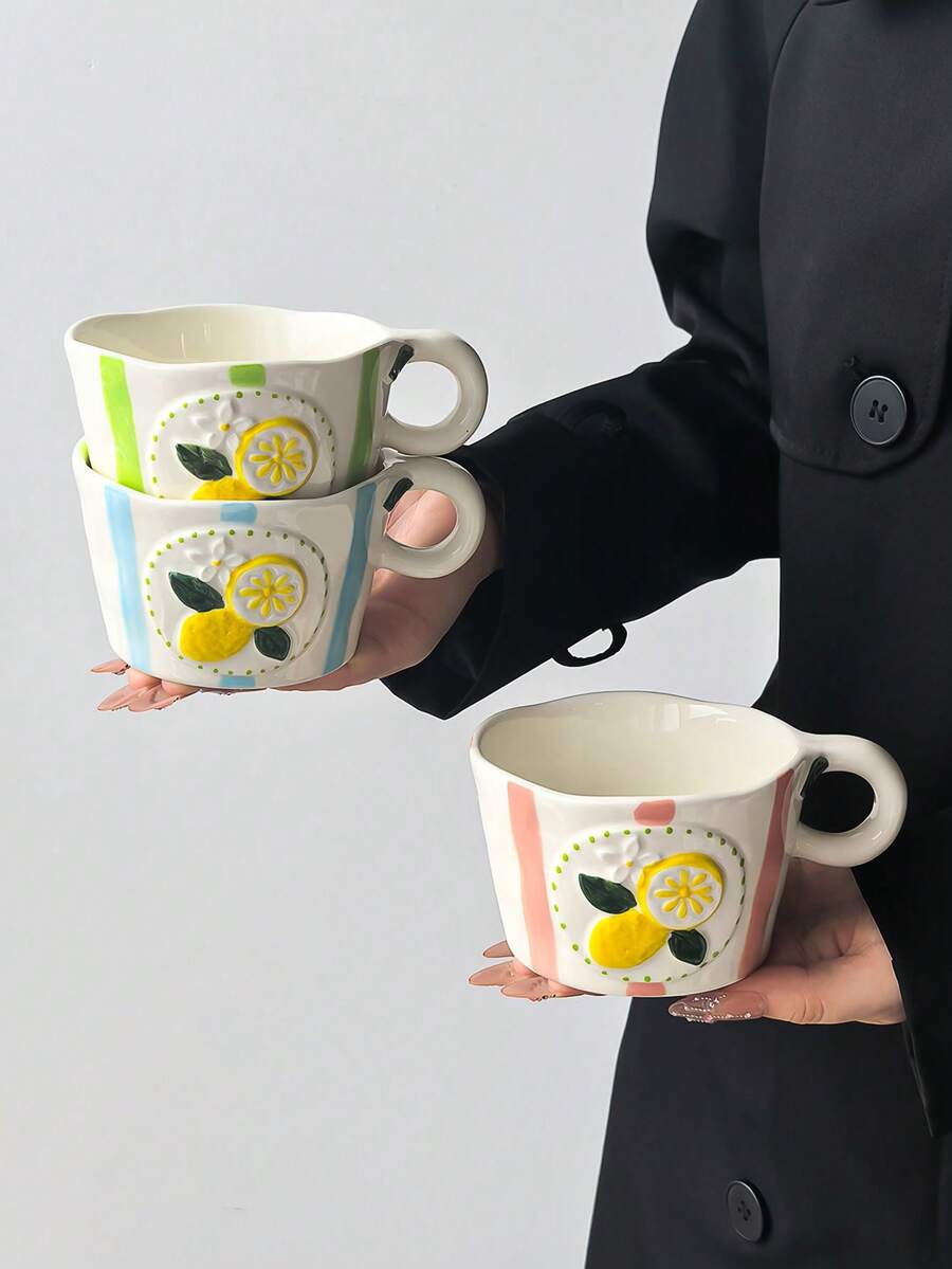 1pc Colorful Striped Lemon Ceramic Coffee Mug, Highly Attractive Classic Striped Design With 3D Lemon Pattern, Cute, Creative, Personalized Breakfast Cup, Tea Cup, Ideal Choice For Coffee - Perfect Birthday And Holiday Gift